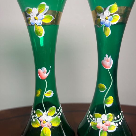 VTG Pair Czech Bohemian Green Vase Hand painted Hand blown 22k Gold Accents 8" - Picture 8 of 10